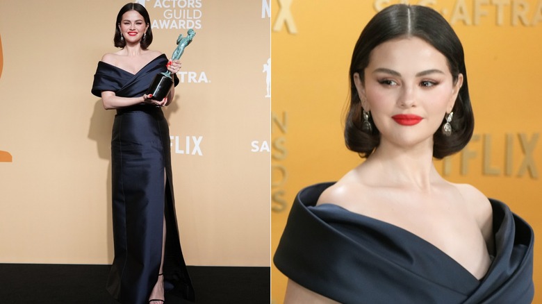 Selena Gomez con vestido azul oscuro de Celine en los Premios SAG 2025
