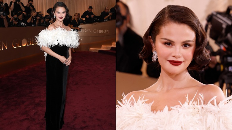 Selena Gomez con vestido de Chanel personalizado con plumas en los Globos de Oro 2026