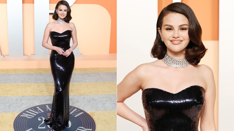 Selena Gomez con un vestido negro de Armani Privé en la fiesta de los Oscar de Vanity Fair 2025