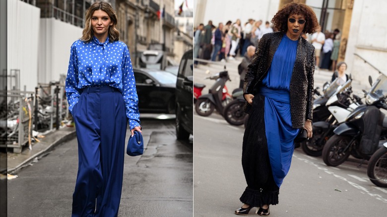 Alisa Volskaya con una blusa azul y blanca y pantalones azul princesa durante la Semana de la Moda de París en septiembre de 2026 / Karen Blanchard con un vestido largo negro y azul cobalto y una chaqueta negra texturizada durante la Semana de la Moda de París en octubre de 2026