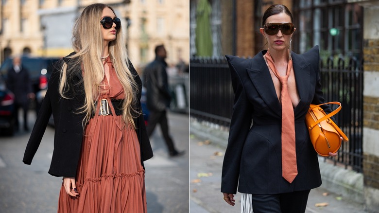 Romee Strijd luce un vestido largo color coral con cinturón y una chaqueta negra durante la Semana de la Moda de París en febrero de 2023 / Una invitada viste una chaqueta negra extragrande y una corbata color coral en Londres en septiembre de 2026