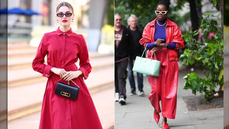 Una invitada con un vestido camisero rojo de manga larga con cinturón durante la Semana de la Moda de Nueva York en septiembre de 2026 / Una invitada viste una chaqueta de cuero roja, pantalones rojos de pierna ancha y un top morado durante la Semana de la Moda de Londres en septiembre de 2026