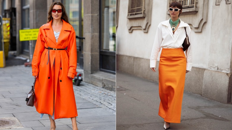 Nora Jabri viste una gabardina naranja con cinturón durante la Semana de la Moda de la Pasarela de Oslo en septiembre de 2026 / Irina Kro Eicke viste una camisa blanca con botones y una falda larga de color naranja brillante durante la Semana de la Moda de Milán en septiembre de 2026