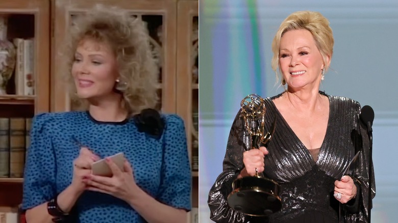 Un joven Jean Smart con un vestido azul con un peinado rubio / Un Jean Smart mayor con un vestido metálico