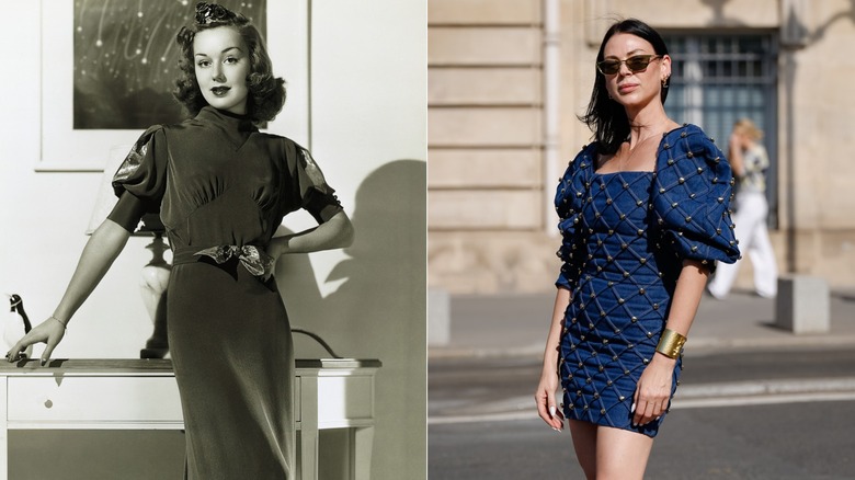 Una mujer en los años 30 y en 2026 con vestidos con mangas abullonadas