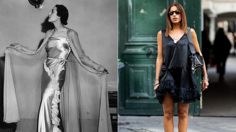Una mujer en los años 30 y en 2026 con vestidos de satén