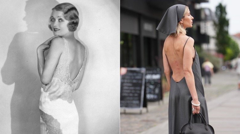 Una mujer en los años 30 y en 2026 con un vestido sin espalda