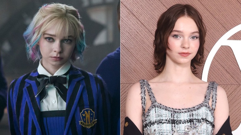 (Izquierda) Emma Myers como Enid Sinclair en la serie de Netflix 