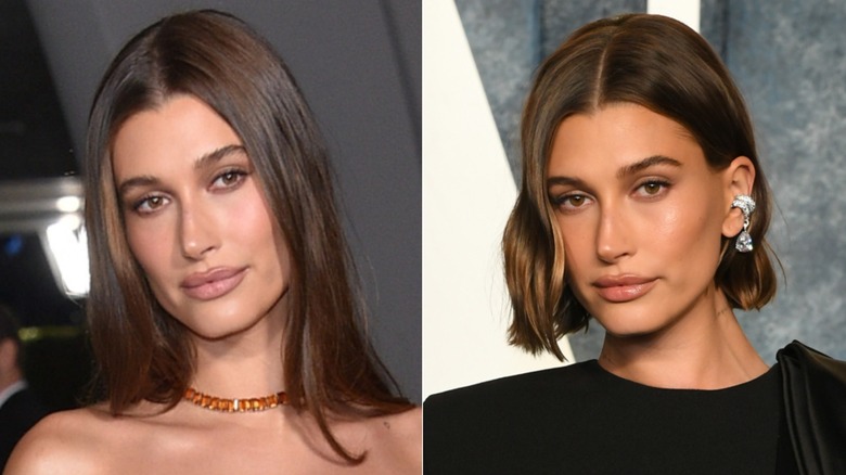 Hailey Bieber con pelo largo y bob despeinado