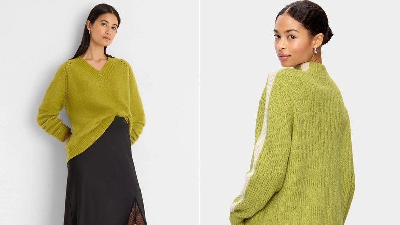 (L)Una modelo posando con el suéter con cuello en V de mezcla de cachemira Gold Label de NIC+ZOE; (R) Una modelo posando con el suéter estilo shaker con cuello simulado SoSoft Sport de Old Navy