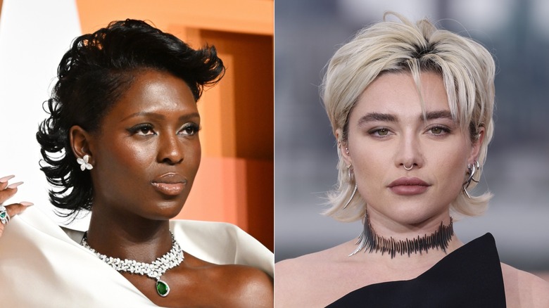 Jodie Turner-Smith con un corte de pelo corto bixie y un vestido blanco a la izquierda y Florence Pugh vestida de negro con un corte bixie corto y rubio a la derecha.