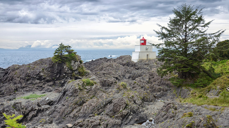 Faro de Amphitrite Point en la isla de Vancouver, Columbia Británica en Canadá