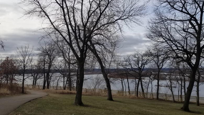 Una vista del lago, los árboles y un camino pavimentado dentro de la Reserva Spring Lake Park