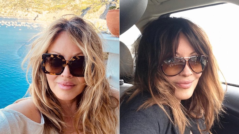 Linda Kozlowski con gafas de sol de carey y un top blanco en un balcón de la playa a la izquierda y gafas de sol de aviador con el pelo despeinado a la derecha.