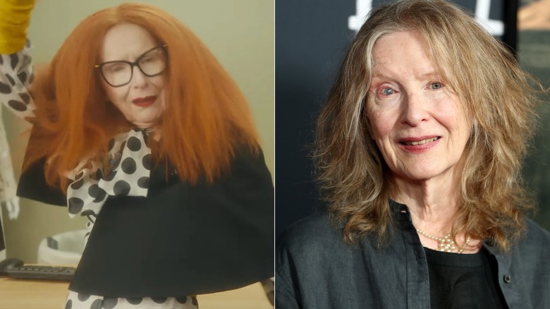 Fotografías una al lado de la otra de Frances Conroy en su personaje de AHS (izquierda) y ella misma en la alfombra roja (derecha)
