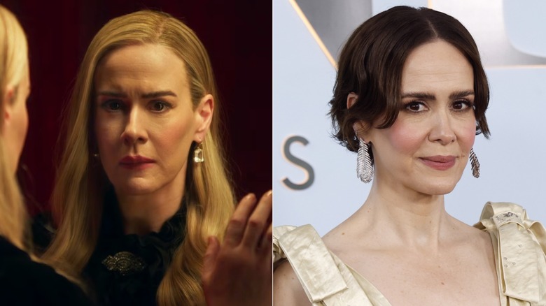 Fotografías una al lado de la otra de Sarah Paulson en su personaje en AHS (izquierda) y ella misma en la alfombra roja (derecha)