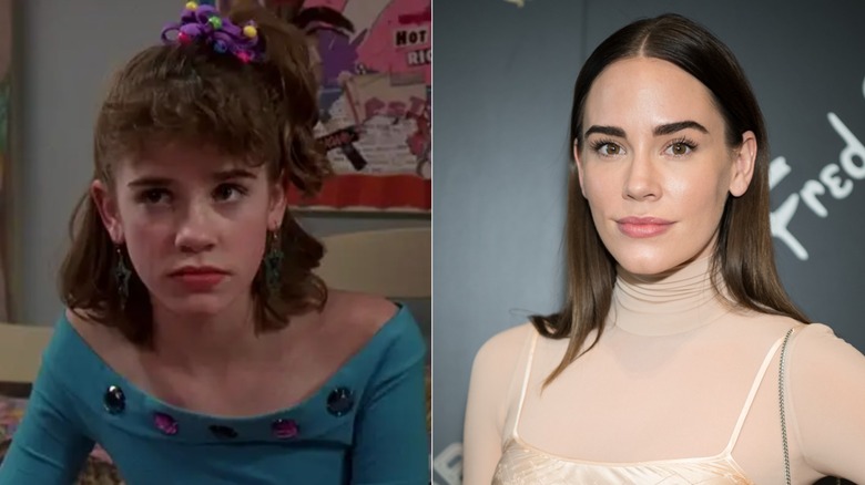 Fotos una al lado de la otra de Christa B. Allen cuando era joven actriz en 13 Going on 30 (izquierda) y como adulta en la alfombra roja (derecha)