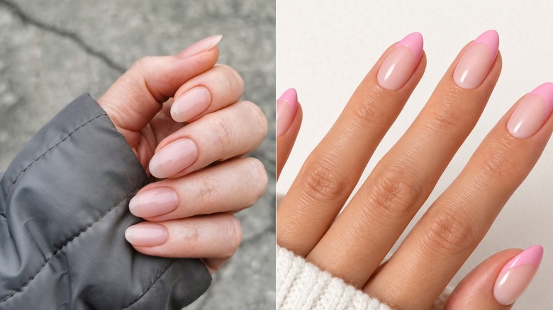 Uñas transparentes de color rosa ballet junto a uñas rosas transparentes con puntas de color rosa opaco