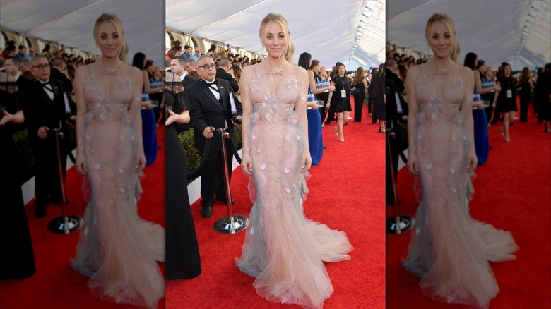 Kaley Cuoco sonríe con vestido de tul rosa