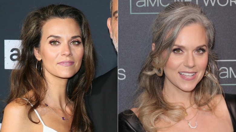 Hilarie Burton con cabello castaño con puntas color miel (L) Hilarie Burton con cabello entre gris y rubio (R)