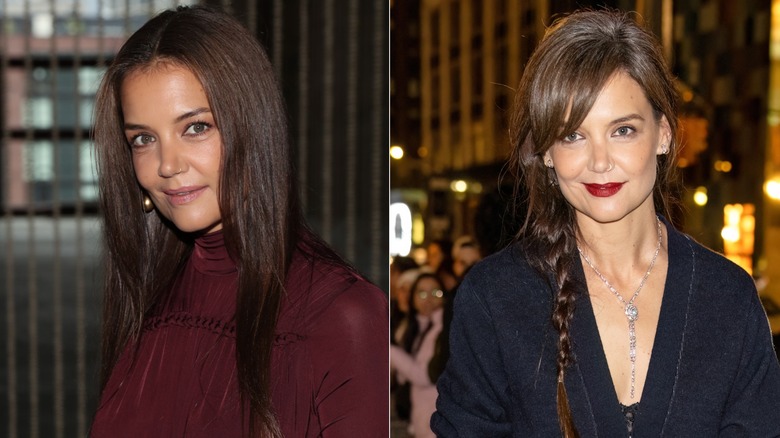 Katie Holmes con cabello castaño liso (L) Katie Holmes con una trenza marrón con raíces grises (R)
