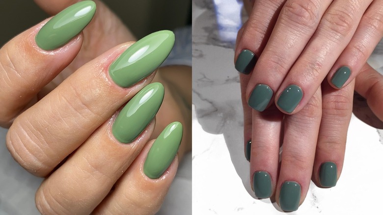 Uñas largas de color verde claro que se muestran a la izquierda y uñas cortas de color verde musgo que se muestran a la derecha.