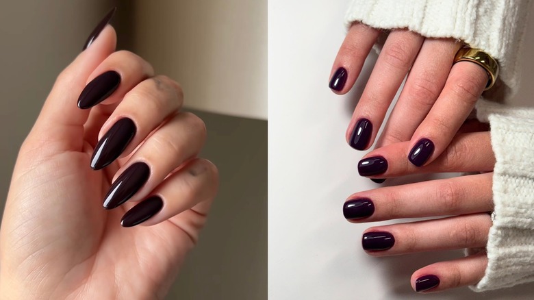 Uñas largas de color cereza negra que se muestran a la izquierda y uñas cortas de color cereza negra que se muestran a la derecha.
