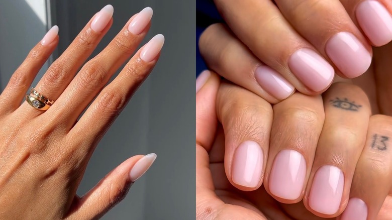 Uñas largas de color rosa claro que se muestran a la izquierda y uñas cortas de color rosa a la derecha.