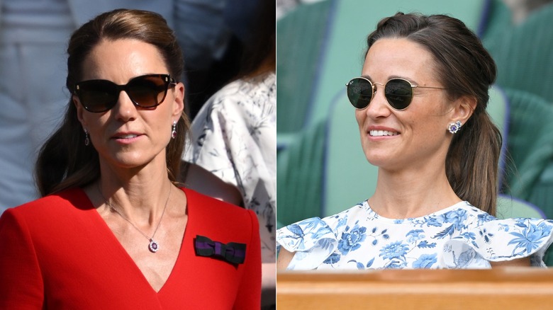 L: Kate Middleton con gafas de sol clásicas y un lazo benéfico prendido a su vestido. R: Pippa Middleton con Raybans redondos y una trenza de pelo