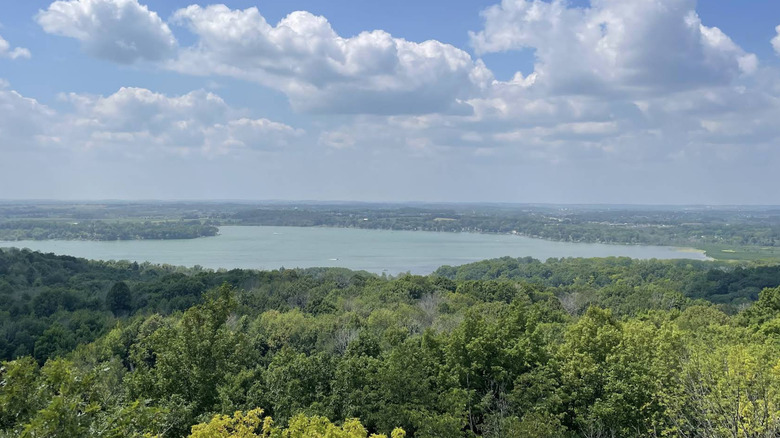Vista aérea de los árboles y el lago en la unidad Pike Lake del bosque estatal Kettle Moraine en Hartford, Wisconsin.