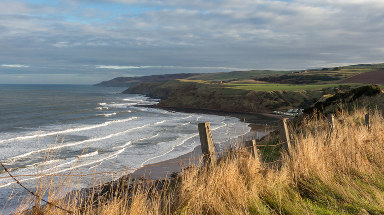 Vista desde lo alto de un acantilado sobre el mar en Pease Bay en Escocia