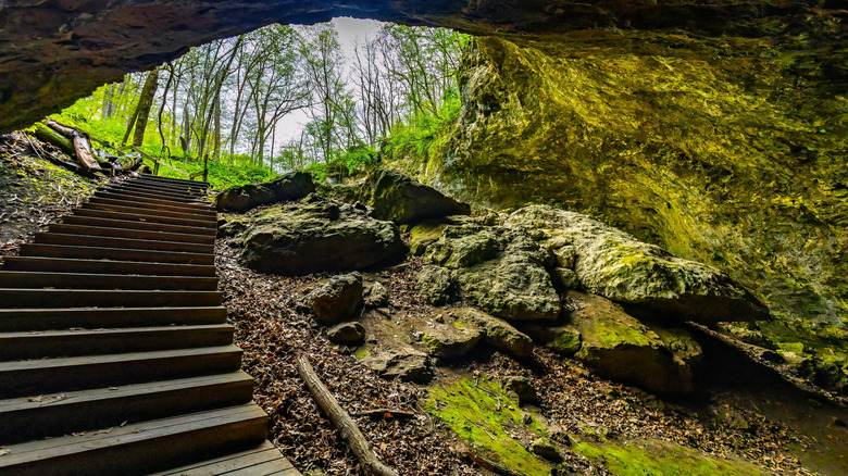 Pasos en la entrada a una cueva en el Parque Estatal Maquoketa Caves