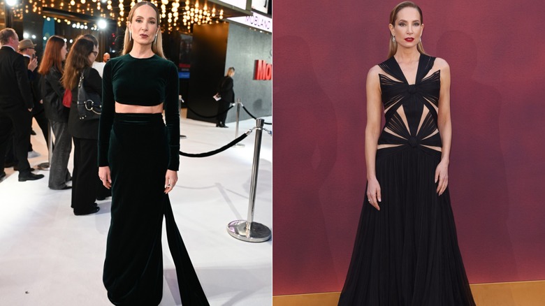 (Izquierda) Joanne Froggatt con un vestido con abertura en el abdomen en 2025 