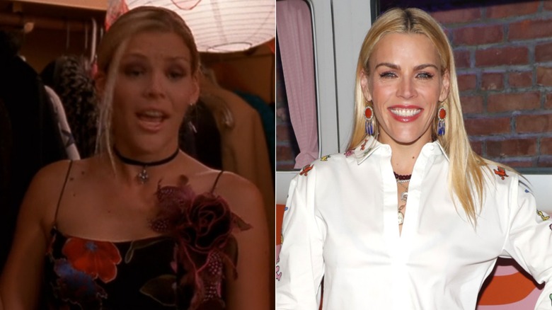 A la izquierda, la actriz Busy Philipps lució su cabello rubio en un elegante recogido con raya a un lado y un mechón de cabello suelto en el frente, junto con una gargantilla negra y un vestido negro de flores con tiras durante un episodio de Dawson's Creek. A la derecha, la actriz Busy Philips llevaba su cabello rubio liso con raya en medio y un labio rojo llamativo junto con grandes aretes rojos y azules y una camisa de cuello blanco y varios collares debajo mientras asistía a una fiesta en la ciudad de Nueva York en 2025.