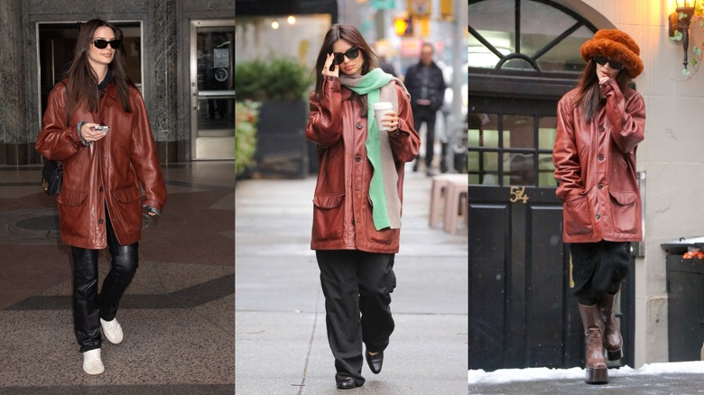Emily Ratajkowski luciendo chaqueta marrón con diferentes outfits