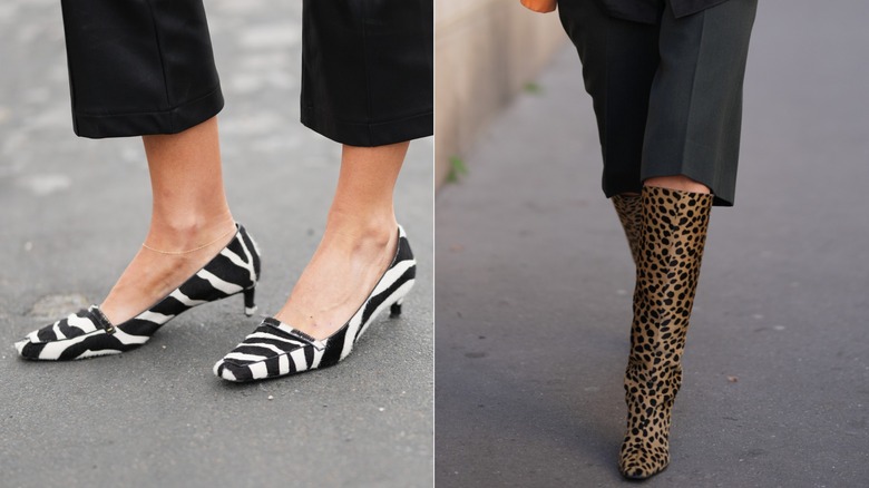 Una invitada lleva un par de mocasines con tacón de gatito con estampado de cebra durante la Semana de la Moda de París en septiembre de 2026 / Una invitada con un par de bermudas y botas hasta la rodilla con estampado de guepardo durante la Semana de la Moda de París en octubre de 2026