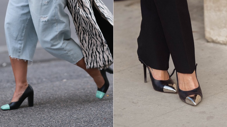 Karin Teigl usa culottes de mezclilla azul claro con zapatos de tacón negros y verde azulado con punta cuadrada en dos tonos en Viena, Austria, en octubre de 2026 / Sophia Roe usa pantalones negros y zapatos de punta puntiaguda en dos tonos negros y plateados durante la Semana de la Moda de París en octubre de 2026