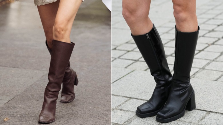 Una invitada usa botas de cuero marrón hasta la rodilla con punta cuadrada durante la Semana de la Moda de París en septiembre de 2026 / Una invitada usa un par de botas de cuero negro hasta la rodilla en París en octubre de 2026