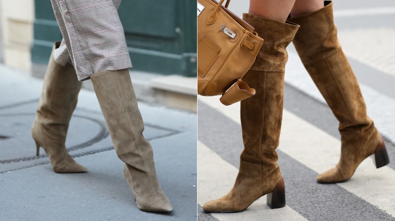 Una invitada viste bermudas a cuadros y botas puntiagudas de ante beige hasta la rodilla durante la Semana de la Moda de París en octubre de 2026 / Una invitada viste botas de ante color canela hasta los muslos con tacón en bloque durante la Semana de la Moda de París en octubre de 2026