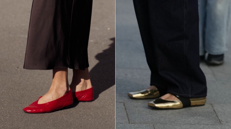 Una invitada viste una falda larga y bailarinas rojas durante la Semana de la Moda de París en octubre de 2026 / Una invitada viste jeans anchos y bailarinas doradas y negras durante la Semana de la Moda de París en octubre de 2026