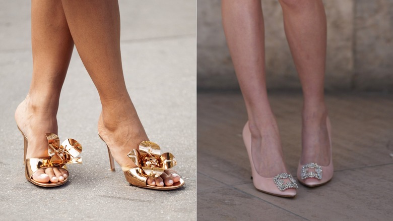 Flora Coquerel usa sandalias tipo mule doradas metálicas con adornos florales durante la Semana de la Moda de París en octubre de 2026 / Una invitada usa zapatos de tacón de punta puntiaguda de color rosa con adornos de pedrería durante la Semana de la Moda de París en octubre de 2026