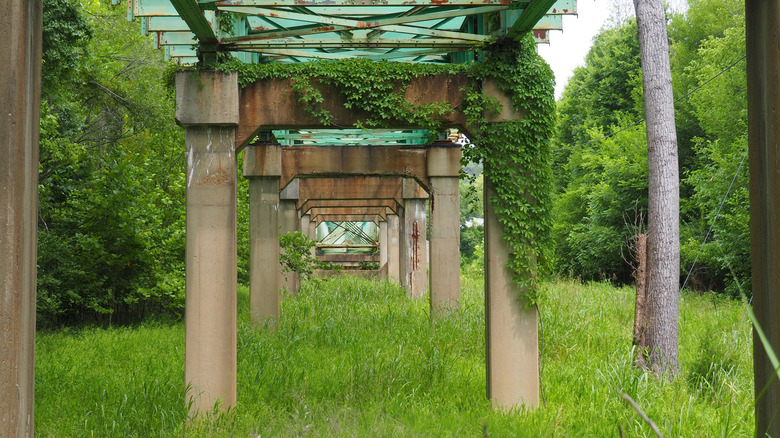 Debajo de un puente ruinoso en la ciudad abandonada de Times Beach, Missouri