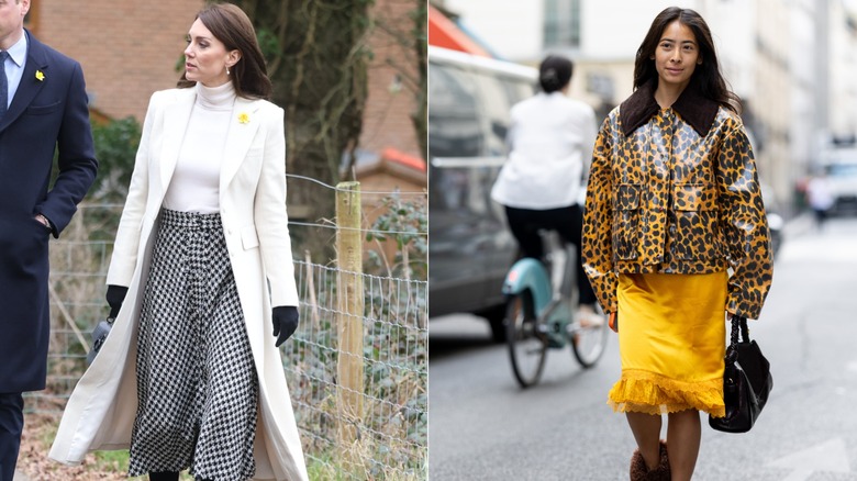 L: Kate Middleton con bata blanca y falda estampada. R: Mujer con chaqueta y falda de leopardo.