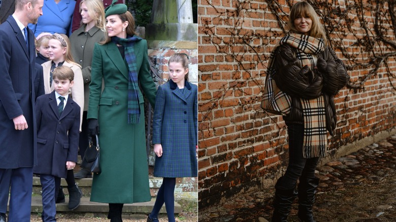 L: Kate Middleton con abrigo y bufanda a cuadros. R: Mujer con una bufanda a cuadros.