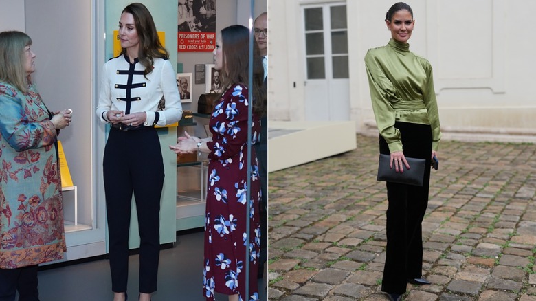L: Kate Middleton con pantalón negro y blusa. R: Una mujer vestida con pantalón negro y top de satén.