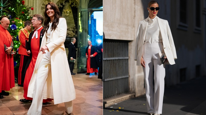 L: Kate Middleton con un traje completamente blanco. R: Mujer vestida con traje blanco.