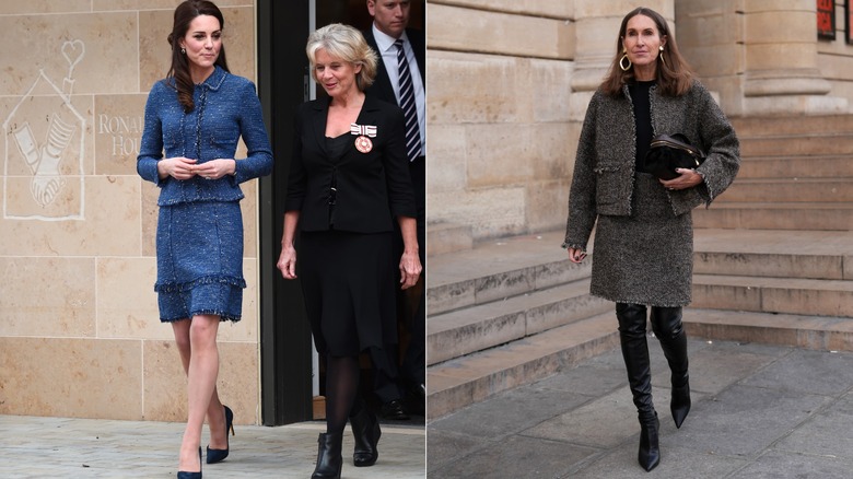 L: Kate Middleton con un traje de falda de tweed. R: Mujer con falda y chaqueta de tweed.