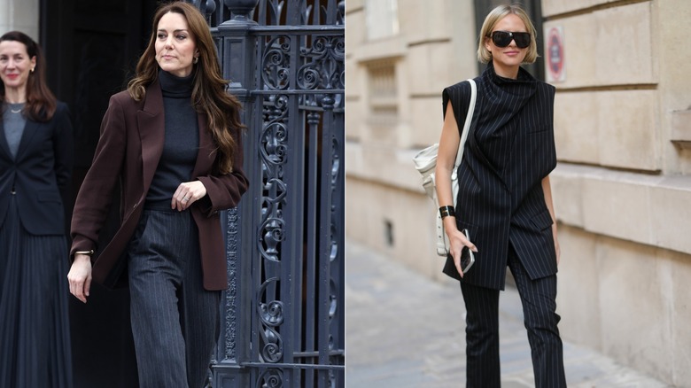 L: Kate Middleton con una chaqueta marrón y pantalones a rayas. R: Mujer con un conjunto a rayas.
