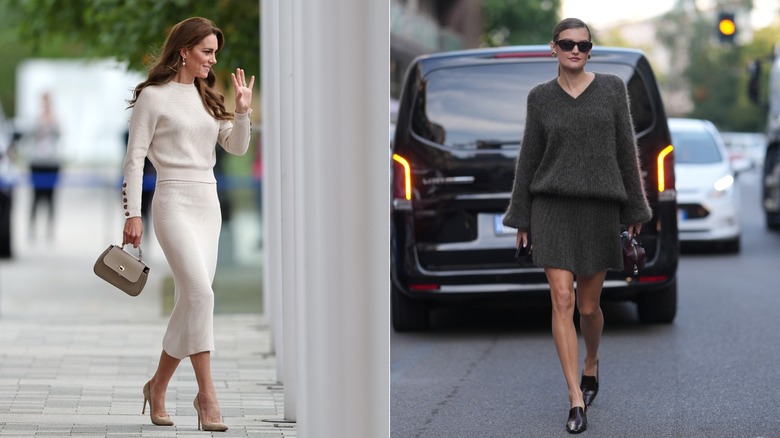 L: Kate Middleton con un suéter blanco y una falda lápiz. R: Mujer con falda de punto y suéter.