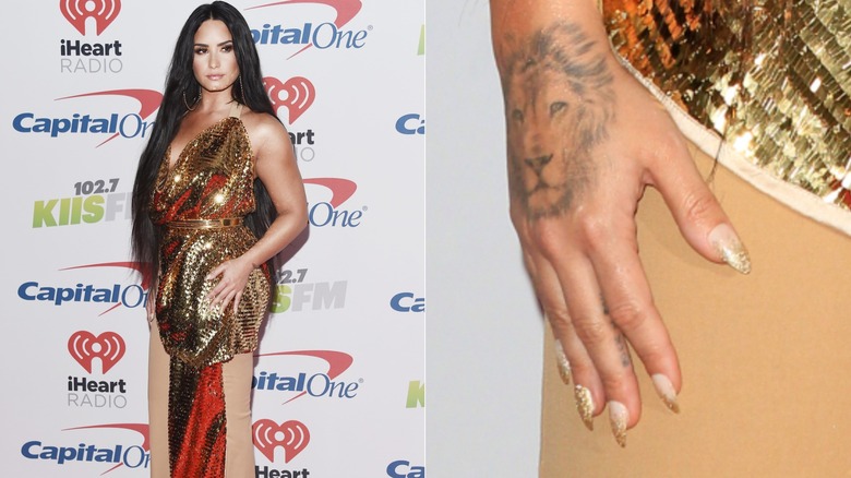 Lado a lado: Demi Lovato con uñas con brillo dorado degradado en el 102.7 KIIS FM Jingle Ball 2017 y un primer plano de sus uñas